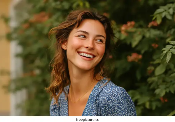 A Young Woman with Curly Hair Smiling Outdoors