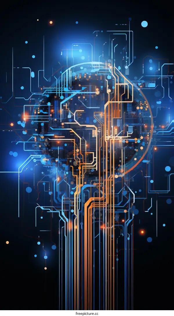 Circuit Board in Vibrant Blue and Orange Tones