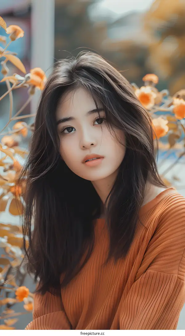 Portrait of a Young Asian Woman in an Orange Sweater with Flowers in the Background