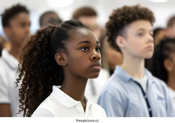 African American Girl In A White Shirt Looking Away In A Crowd