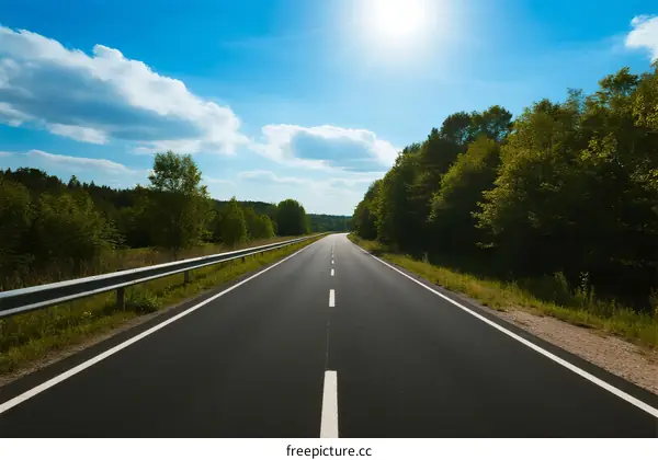 A straight asphalt road under a bright sunny sky with green trees on both sides