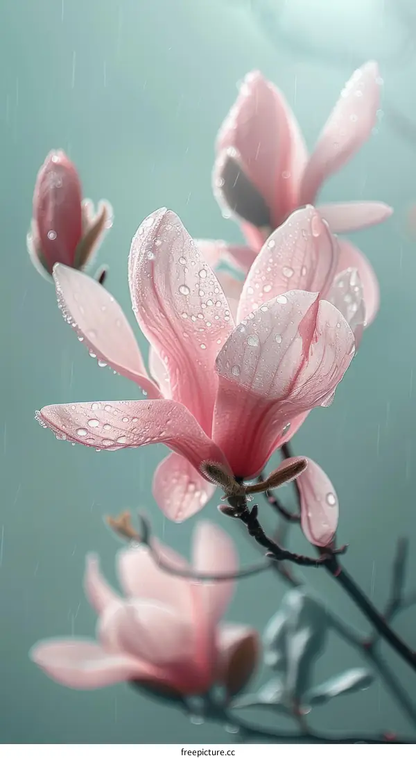 Raindrops on pink magnolia petals with blurred background
