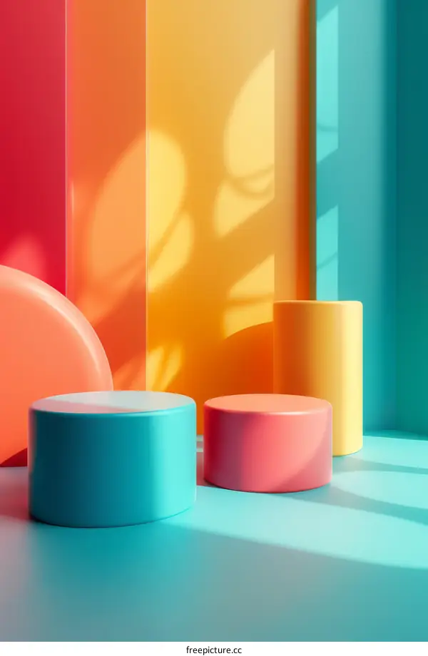 3D rendering of three podiums in a room with colorful walls and a blue floor