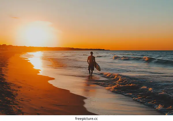 Silhouette of Man Walking on the Beach at Sunset with Surfboard