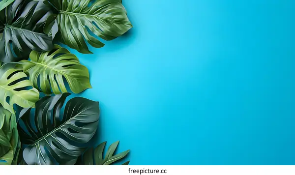 Green Tropical Leaves On Blue Background