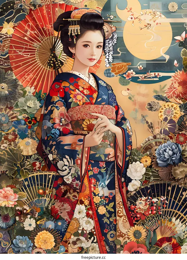 Elegant Asian Woman in Traditional Kimono with Floral Motifs and a Fan