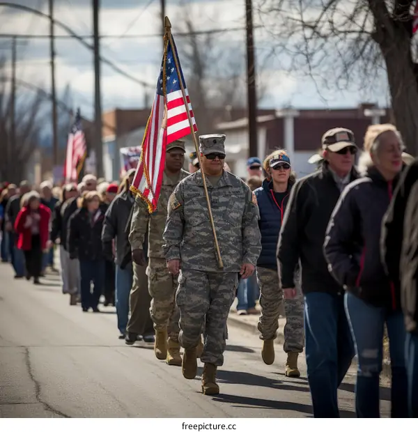 U.S. Army soldier carries the American flag in a parade with veterans and civilians