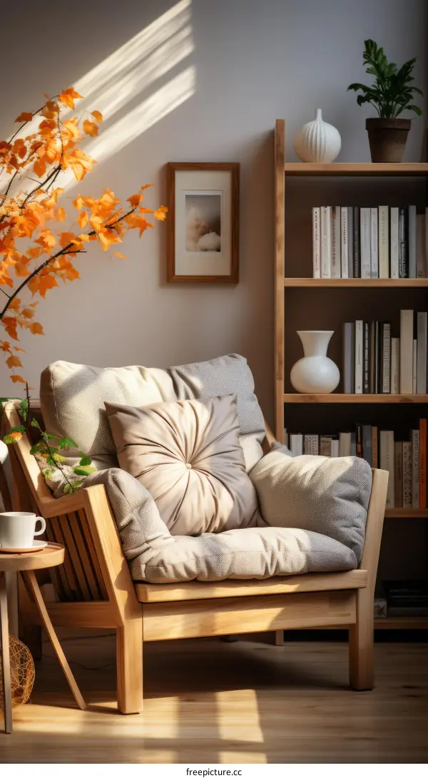 Cozy Living Room with Comfortable Armchair and Bookshelf
