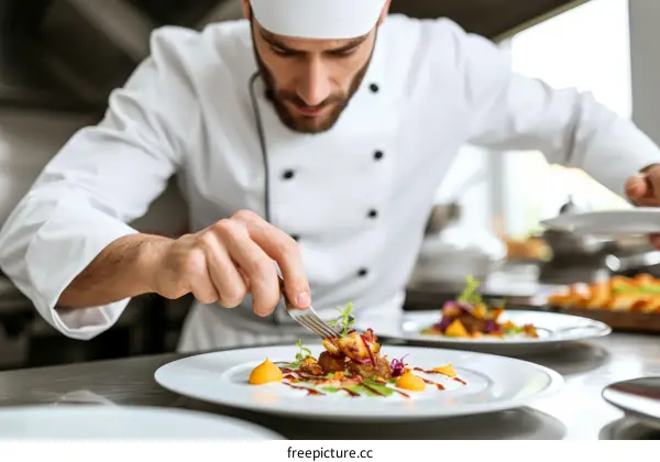 Chef carefully plating a dish in a restaurant kitchen