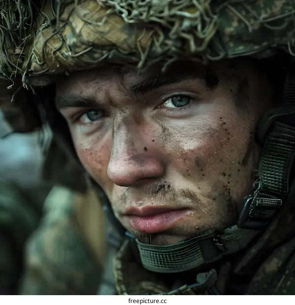 Portrait of a young soldier with camouflage on his face