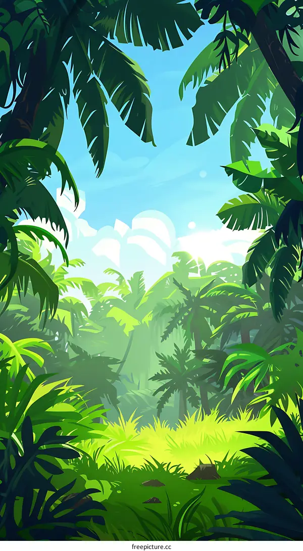 Tropical Rainforest Jungle Illustration with Palm Trees
