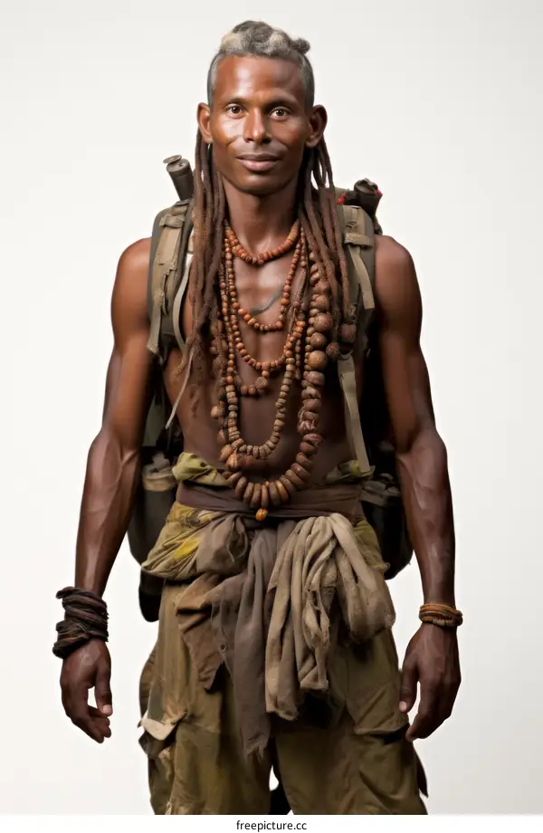 A shirtless man with dreadlocks and a lot of necklaces