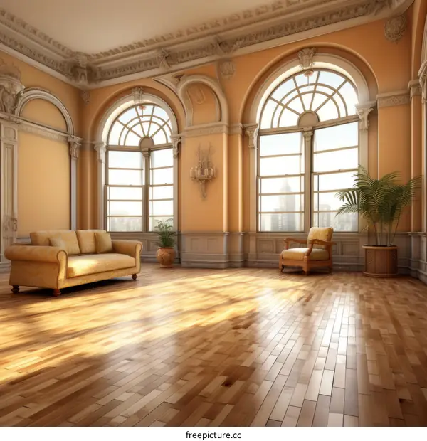 ornate room interior with large windows