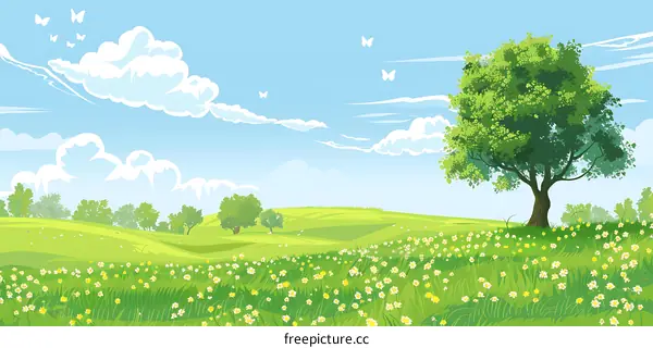 Green Meadow Landscape Illustration With Flowers and Butterflies
