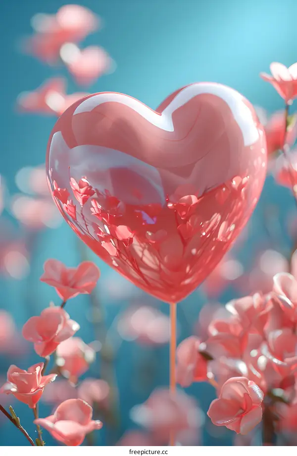 A pink heart-shaped balloon floating in a field of blooming flowers.