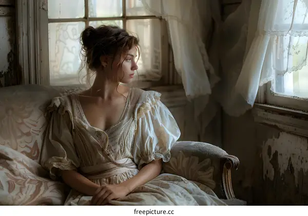 portrait of a young woman in a vintage dress sitting on a chair in front of a window