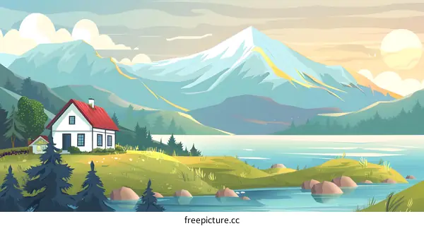 Mountain Lake House Illustration