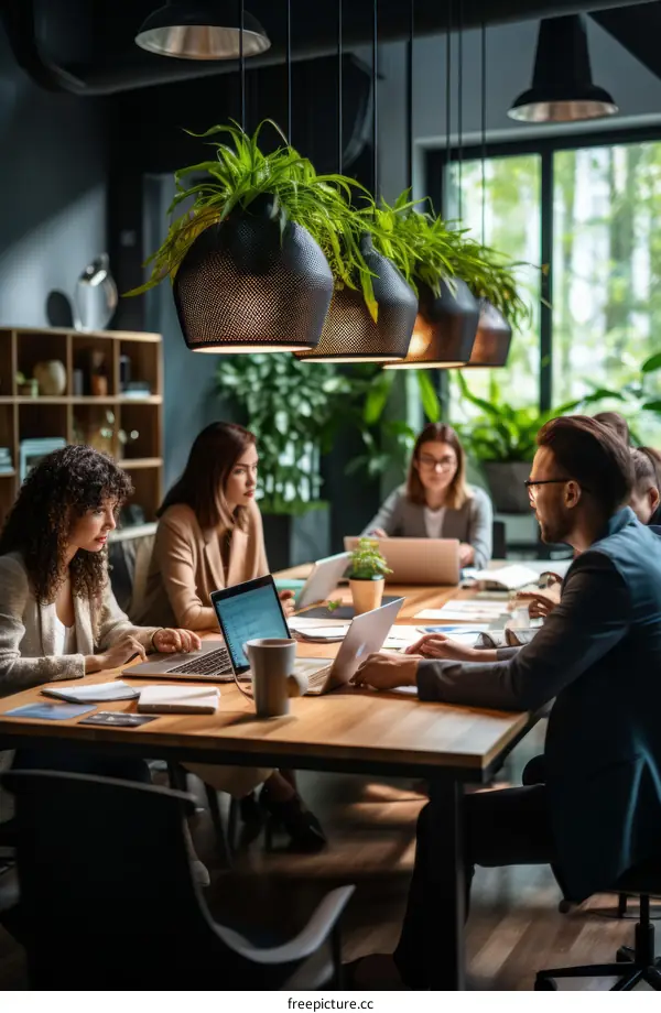 A group of people are sitting around a table having a meeting