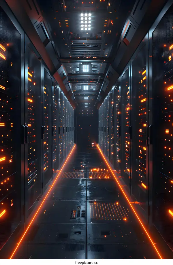 Futuristic Server Room Corridor With Orange Lights
