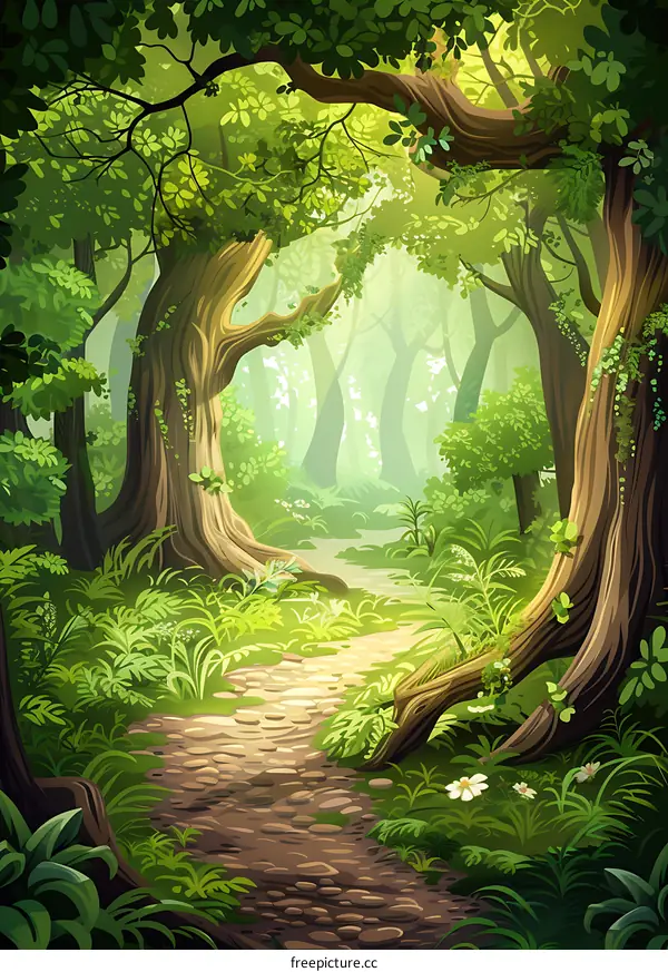 Forest Path Through Green Trees Illustration