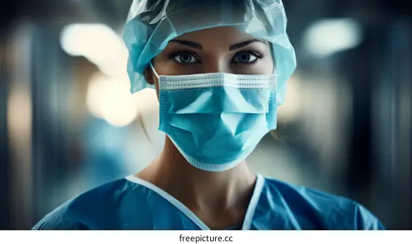 Close-up portrait of a confident female surgeon wearing a surgical mask and cap