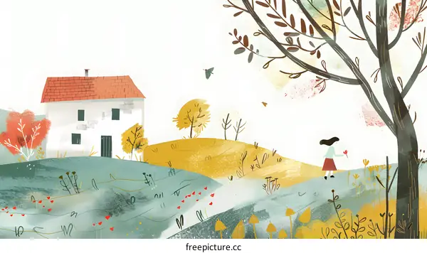 Girl Picking Flower in Front of Country House