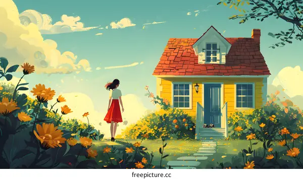 girl standing in a field of flowers looking at a house