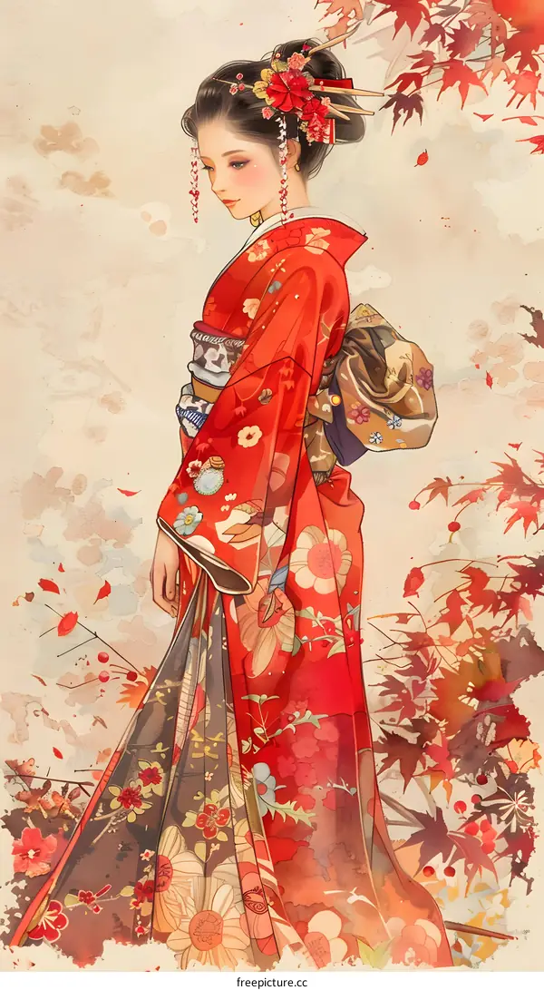 Japanese Woman in Traditional Kimono with Floral Pattern and Autumn Leaves