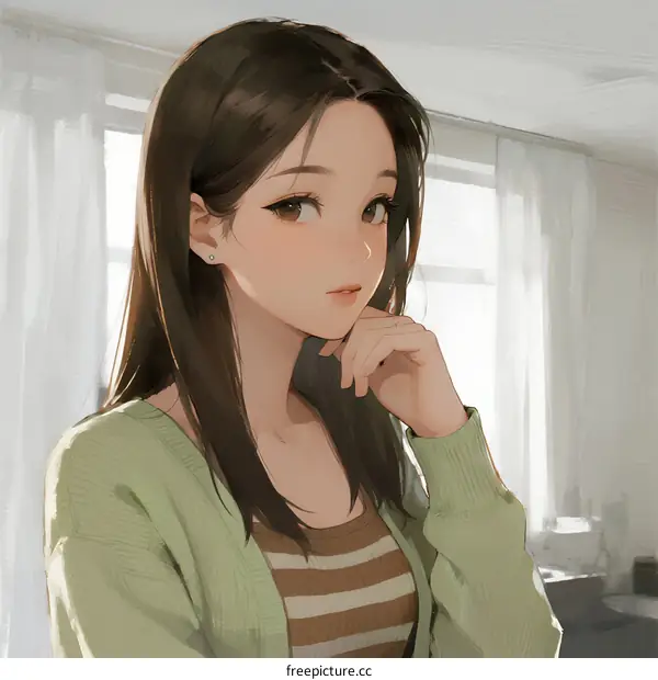 A Young Woman with Long Brown Hair in a Light Green Cardigan