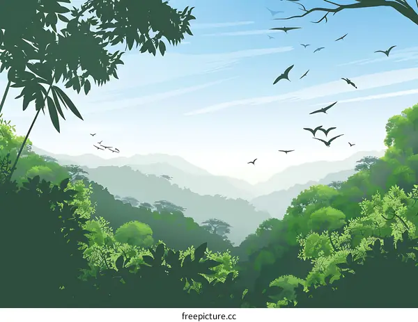 Green Forest Landscape Illustration with Flying Birds