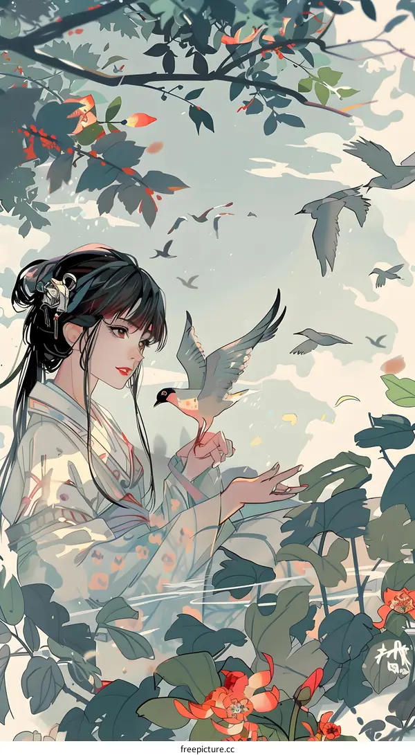 Beautiful Asian Woman with Birds in Nature Illustration