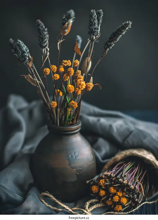 Dried Flower Bouquet in a Clay Vase on a Grey Fabric