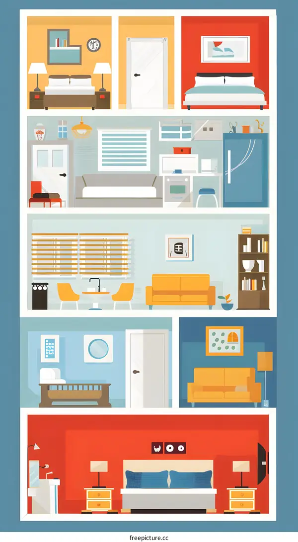 Modern Flat Interior Design with Different Rooms Illustration