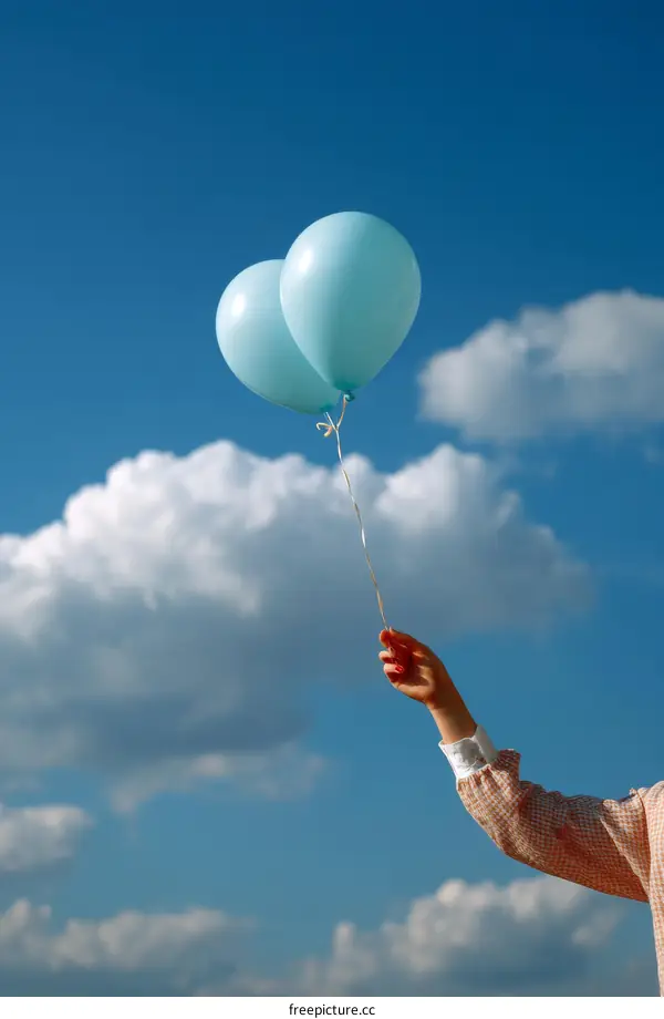 Two Light Blue Balloons in the Sky Held by a Person