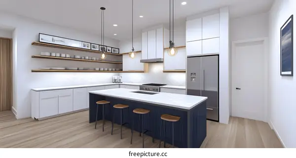 Modern Kitchen Interior Design with White Cabinets and Blue Island