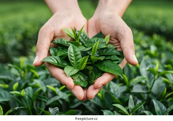 A handful of fresh green tea leaves