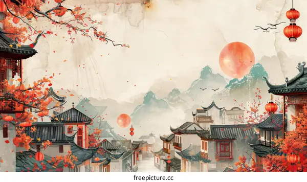 Ancient Chinese Town with Red Autumn Foliage