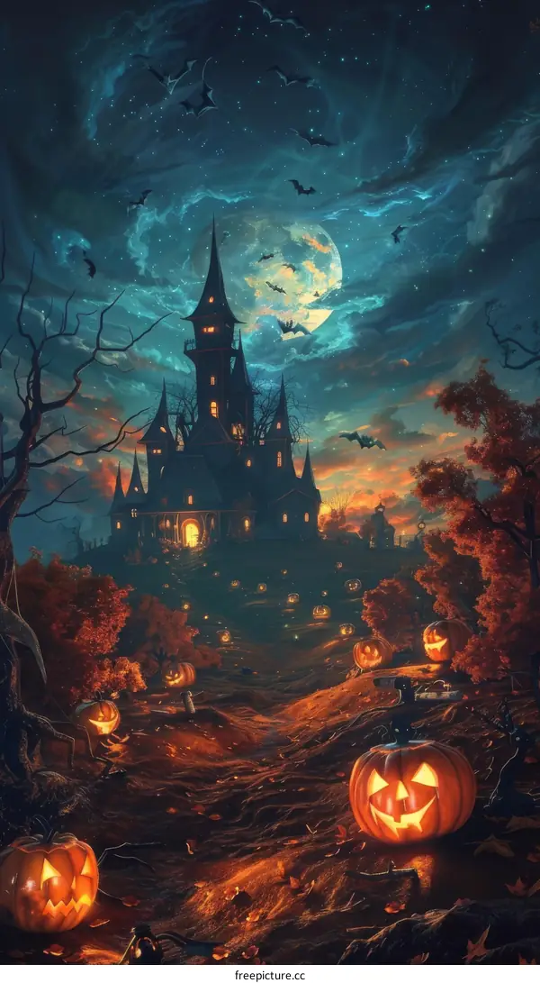 Spooky Castle with Pumpkins and Bats on Halloween Night