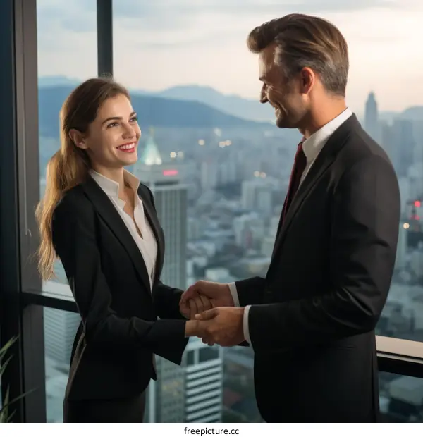 Businessman and businesswoman in suits shaking hands in a modern office with a cityscape in the background