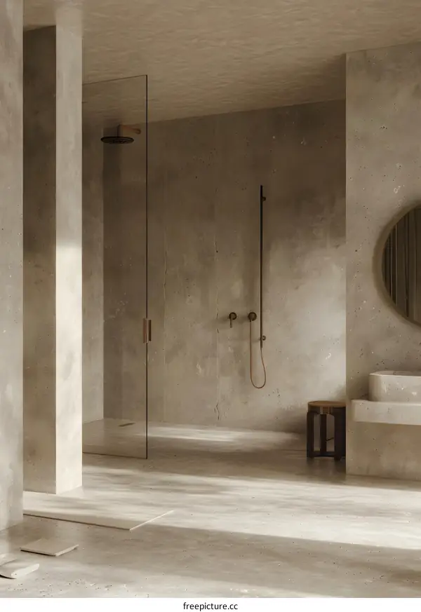 Modern Bathroom Interior Design with Concrete Walls and Glass Shower Enclosure
