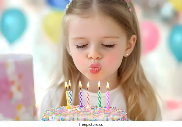 Little Girl Blowing Out Birthday Cake Candles