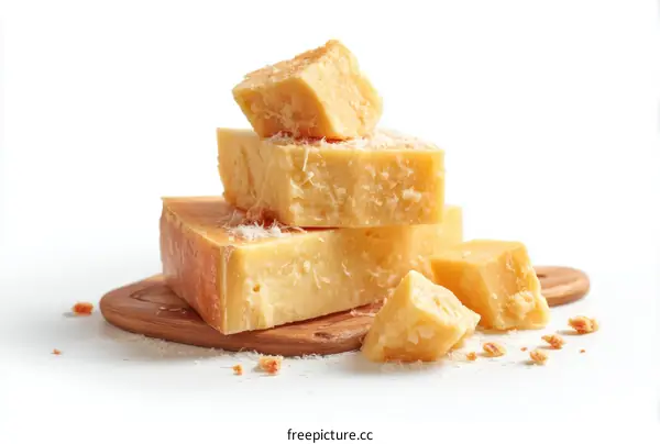 Parmesan Cheese Stacked and Sliced on Wooden Board