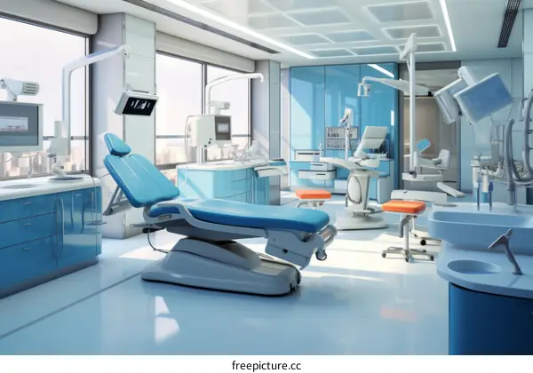 The interior of a modern dental clinic with blue and white walls and silver and blue dental chairs