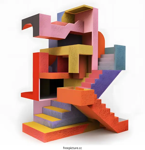 Abstract Colorful 3D Architecture with Geometric Shapes and Staircase