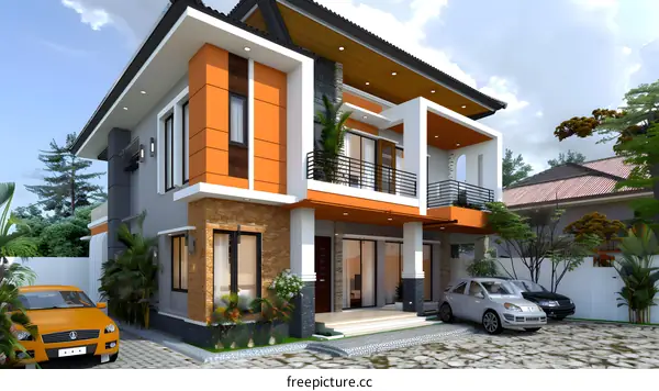 Modern Orange and Grey Two Story House Design
