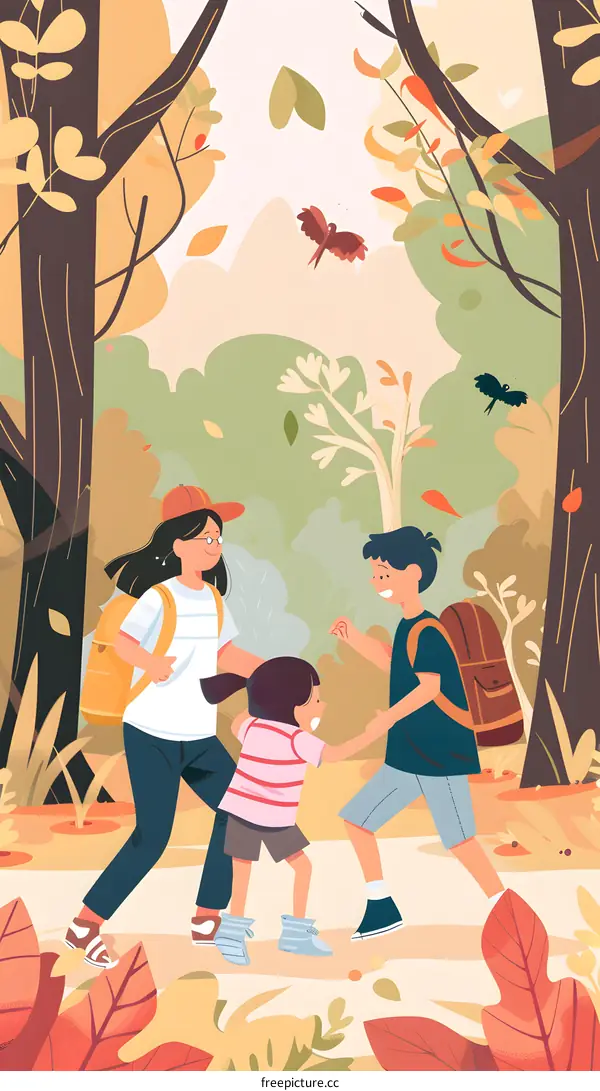 Happy Children Playing in the Autumn Forest