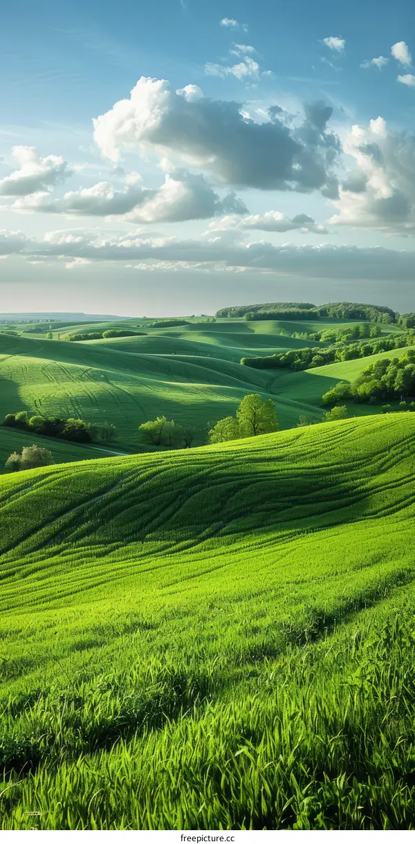 Green rolling hills under blue sky with white clouds