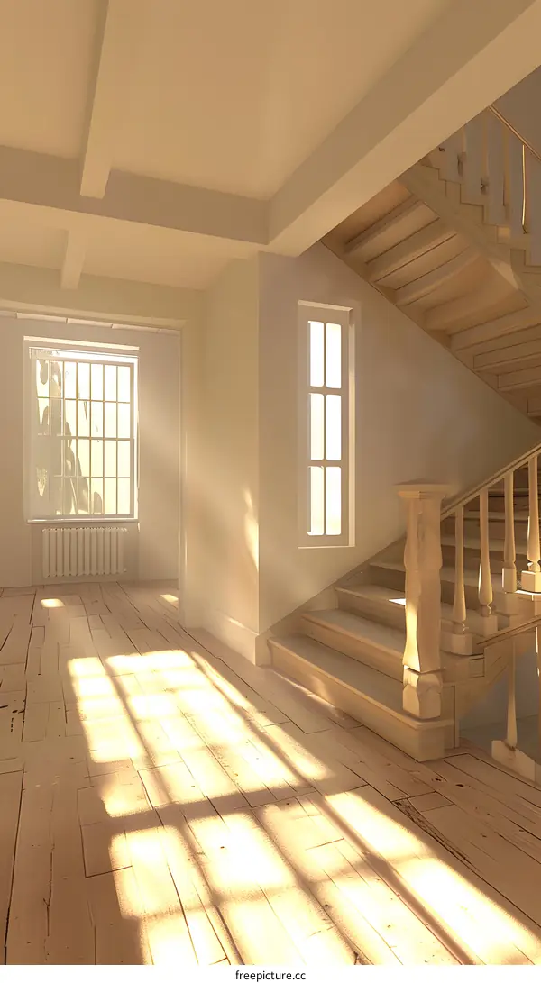 Sunlight Streaming Through Window in Empty Hallway with Wooden Stairs