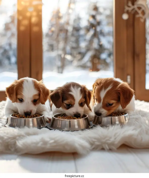 Three puppies eating from bowls