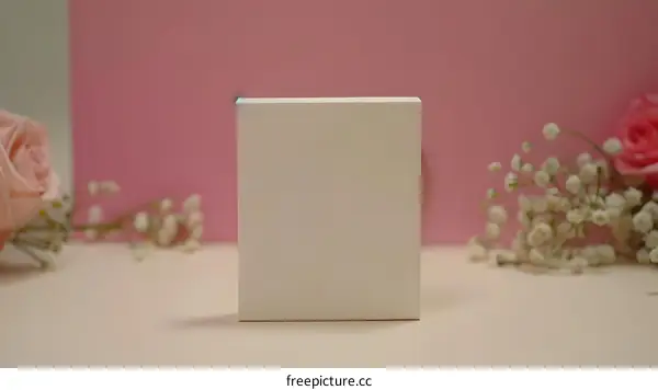 White Box Mockup With Pink Background And Flowers